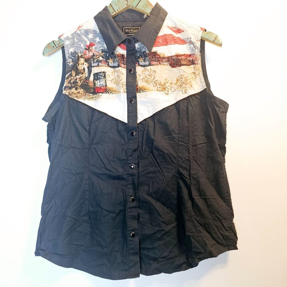 Bit & Bridle Cowgirl Horse Black Onyx Snap Sleeveless USA Flag Top, NWOT, Lg